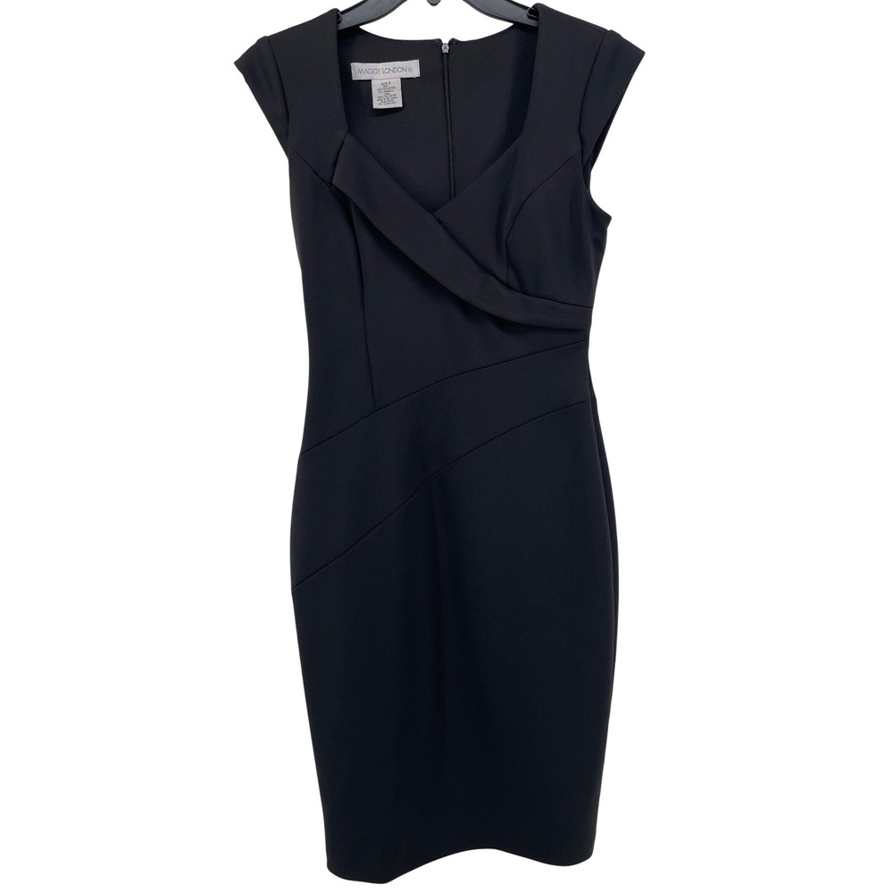 Maggy London Sheath Dress Womens 6 Black Cap Sleeve Surplice Neck Capsule LBD